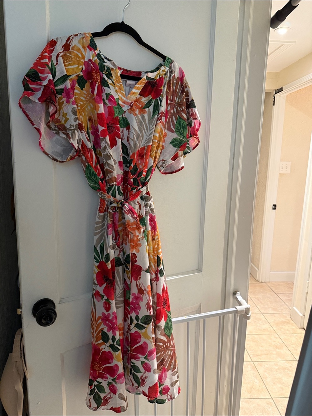 Allison Daley White Floral Midi Dress with Red, Pink & Yellow Blooms NEVER WORN